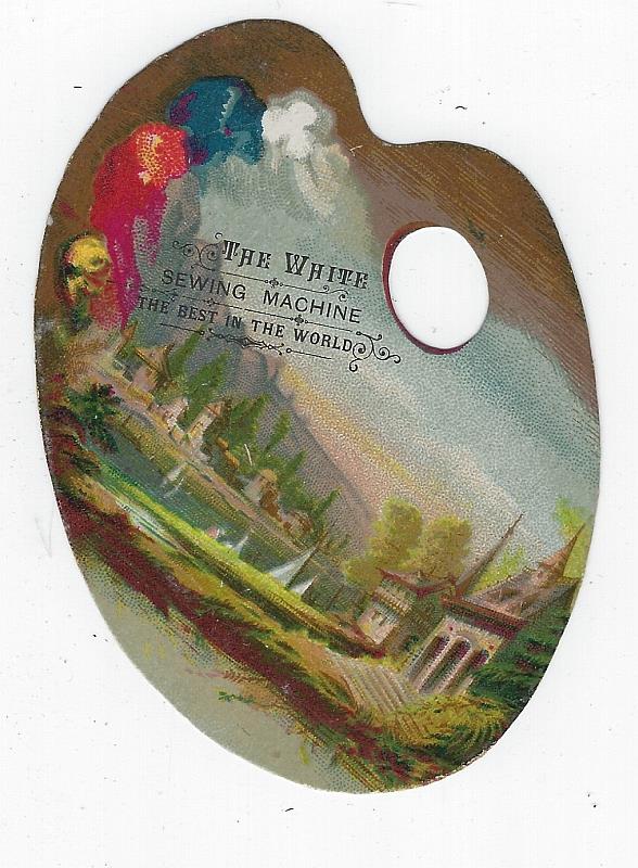 Advertisement - Victorian Die Cut Artist Palette Trade Card for White Sewing Machine Classical Landscape