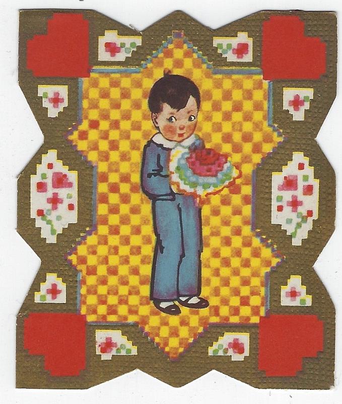 Valentine - Vintage Valentine Card with Boy with Bouquet of Flowers