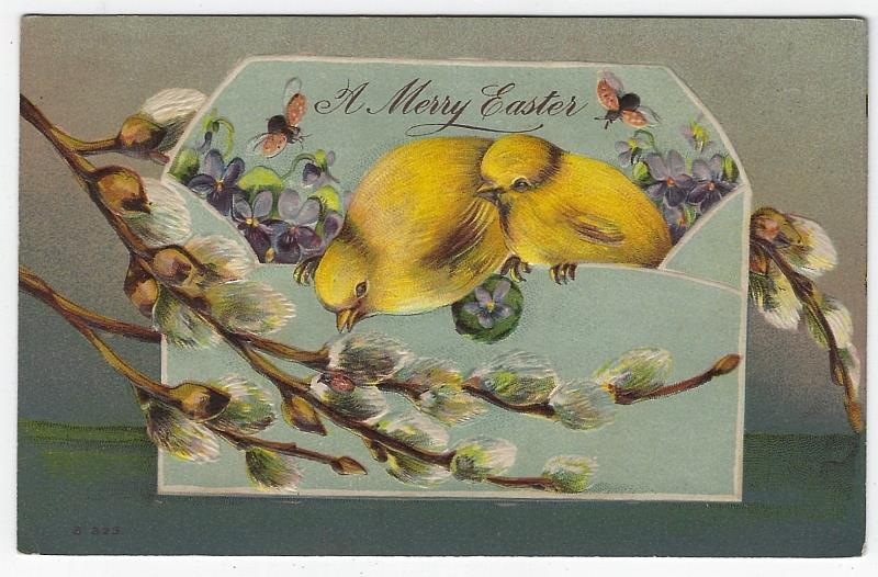 Postcard - Merry Easter Postcard with Chicks, Flowers and Pussy Willows