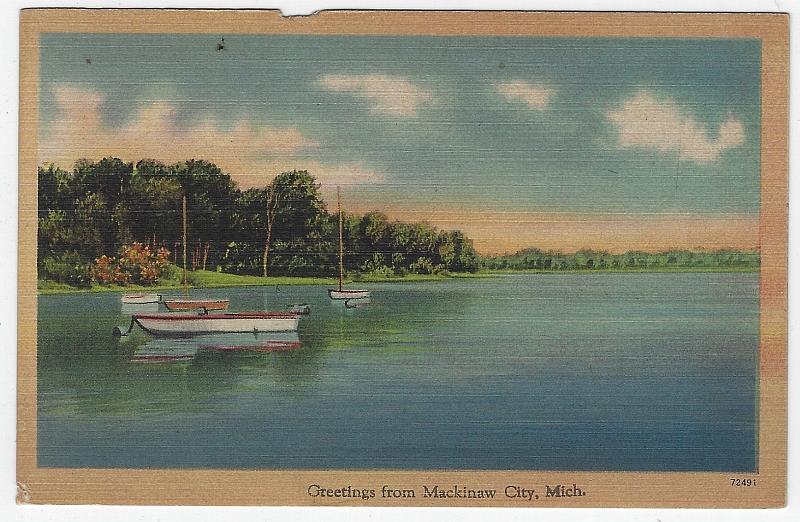 Postcard - Greetings from Mackinaw City, Michigan with Sail Boats