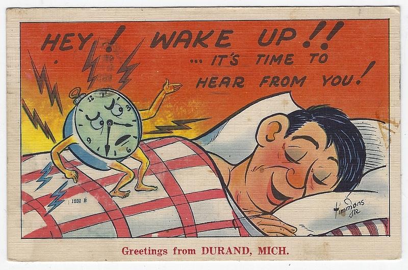 Postcard - Sleeping Man and Alarm Clock, Greetings from Durand, Michigan