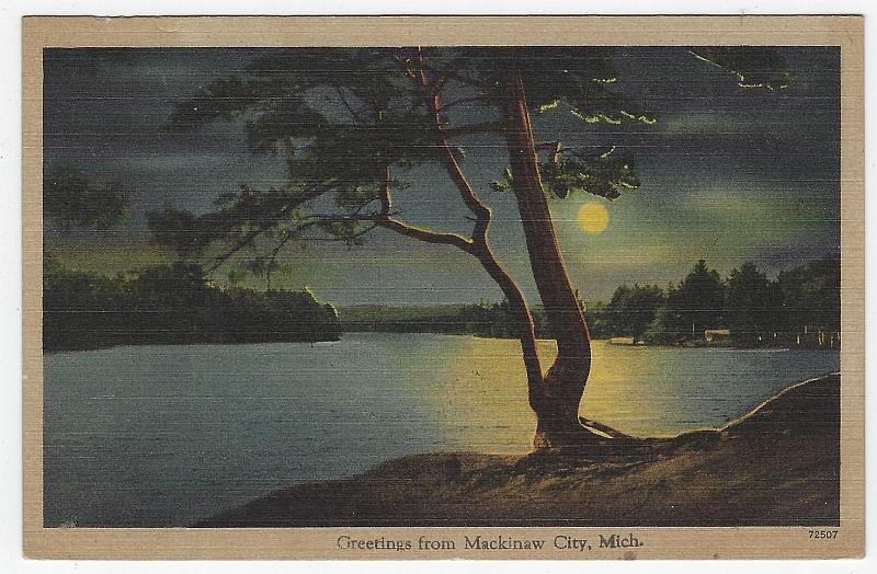 Postcard - Greetings from Mackinaw City, Michigan with Lake Landscape at Night