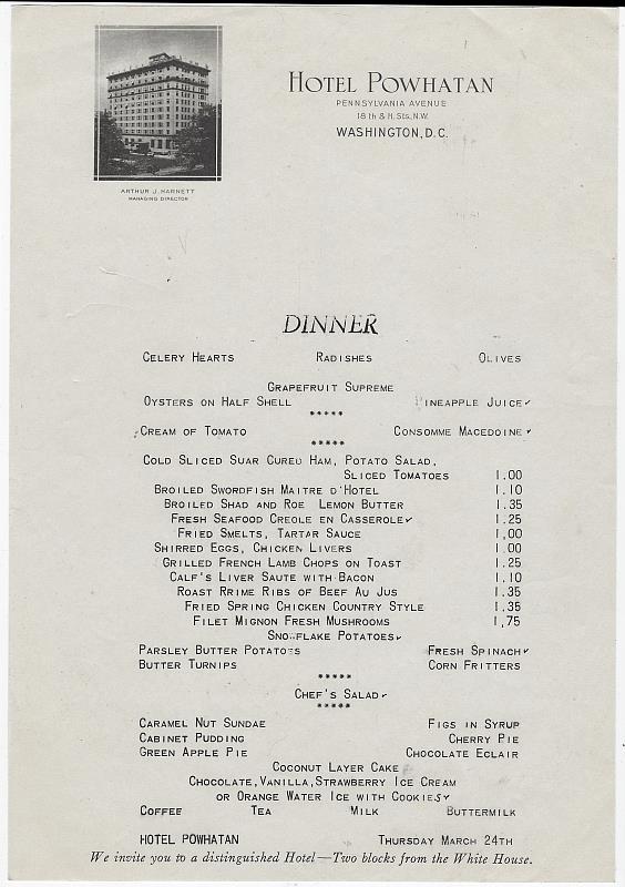 Image for VINTAGE DINNER MENU, HOTEL POWHATAN, WASHINGTON D. C.