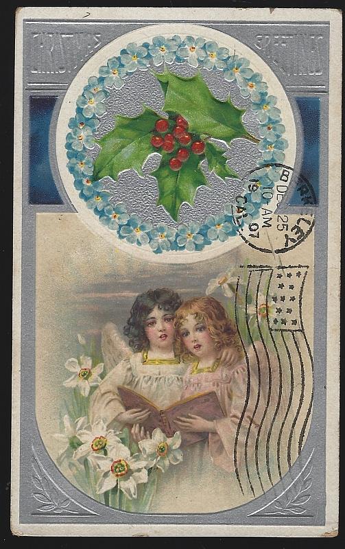 Postcard - Christmas Greetings Postcard with Angels Singing Blue Floral Wreath and Holly