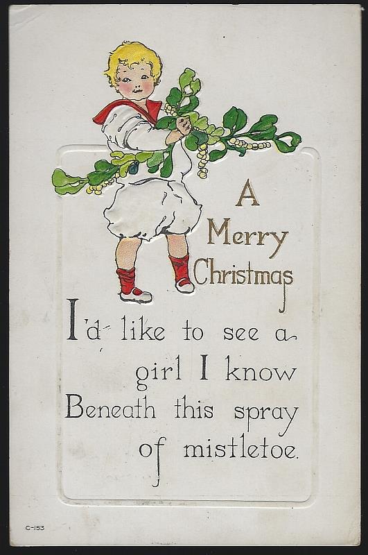 Postcard - Merry Christmas Postcard with Little Boy and Mistletoe