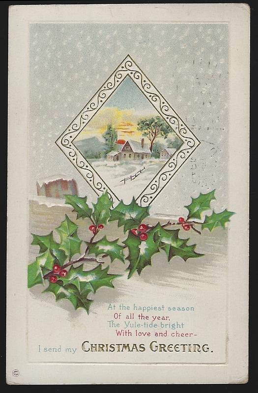 Postcard - Christmas Greeting Postcard with Snowy House and Holly