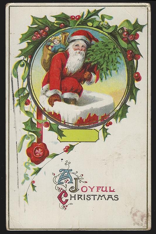 Postcard - Joyful Christmas Postcard with Santa Claus Going Down Chimney