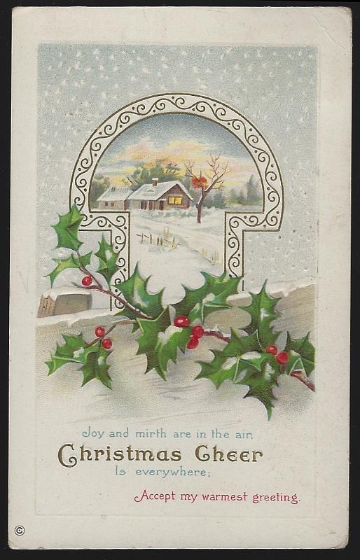 Postcard - Christmas Cheer Postcard with Snowy House and Holly
