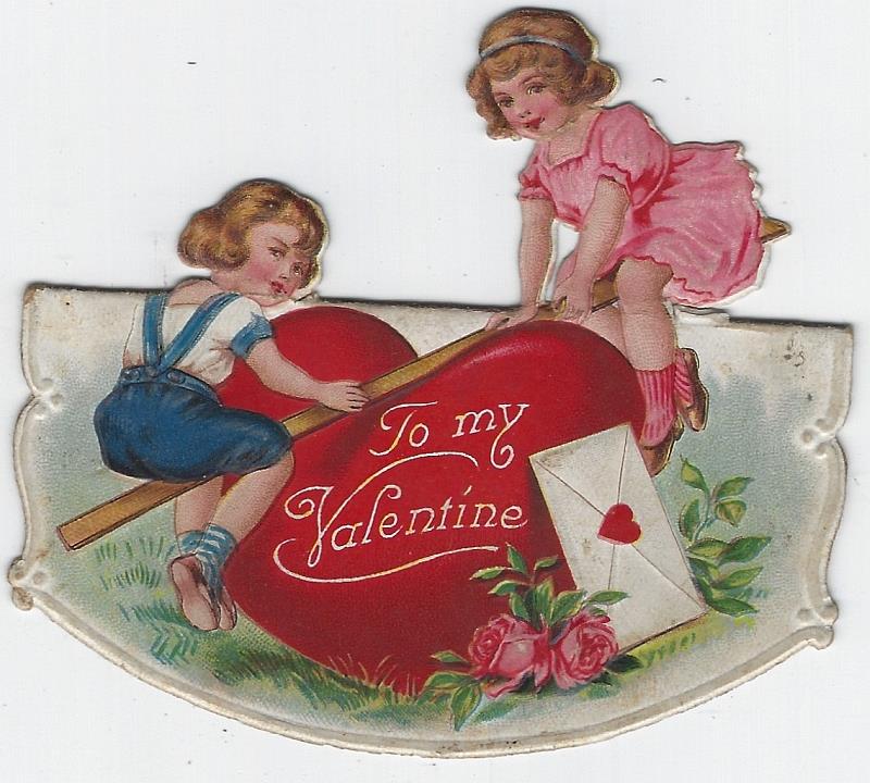 Valentine - Vintage Valentine Card with Boy and Girl on See Saw