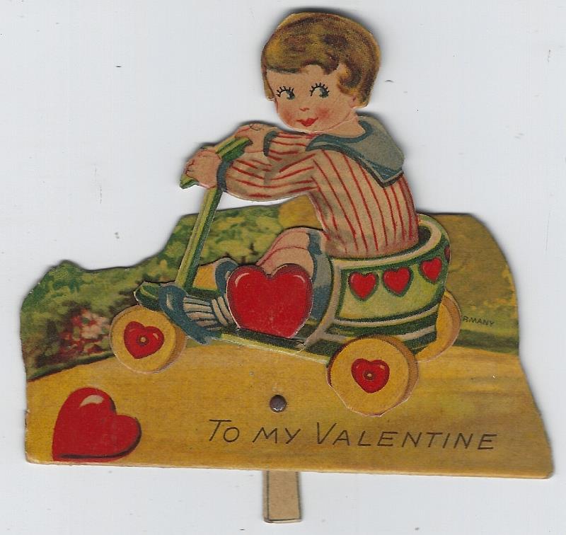 Valentine - Vintage Moveable Valentine Card with Little Boy in Wagon