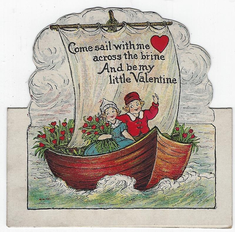 Valentine - Vintage Valentine Card with Dutch Boy and Girl in Sail Boat