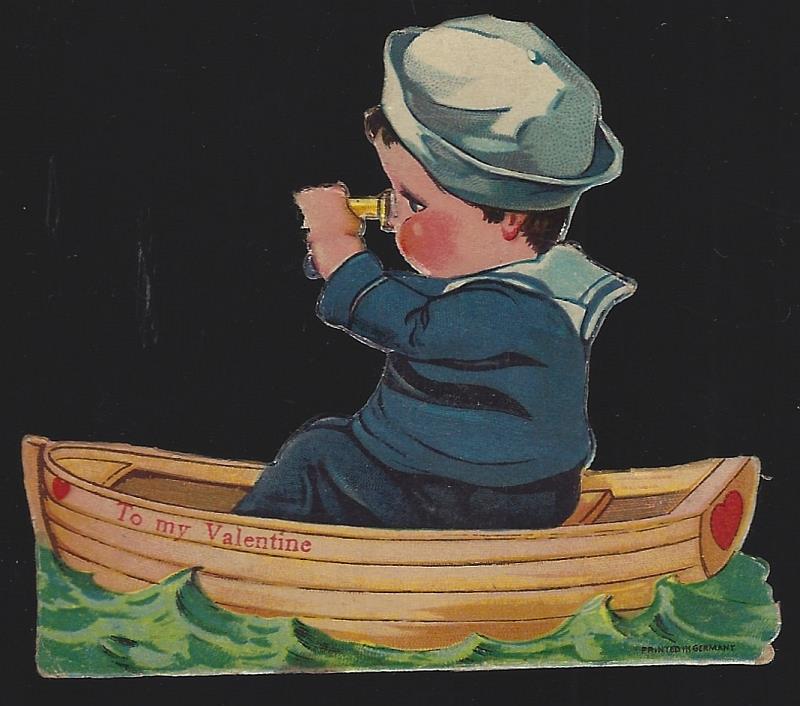Valentine - Vintage Valentine Card with Little Boy in Rowboat