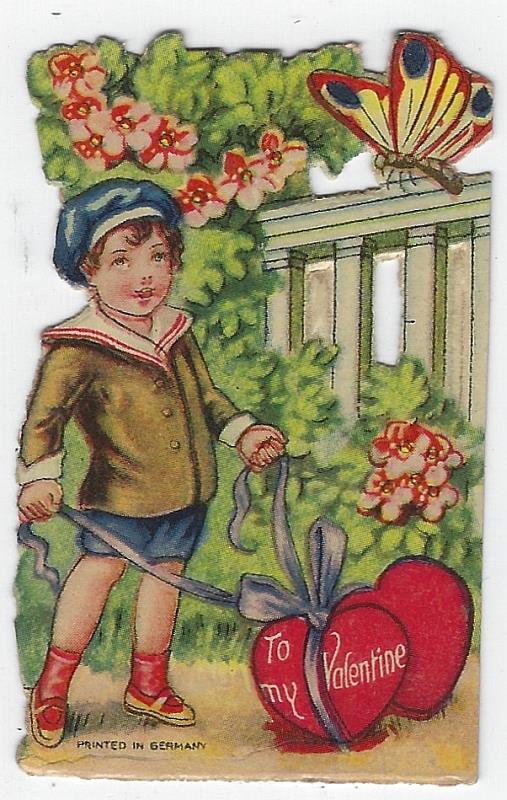 Valentine - Vintage Valentine Card with Little Boy in Garden