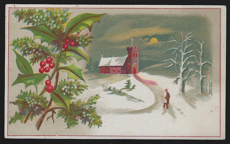 Advertisement - Victorian Card with Man Walking to Snowy Church