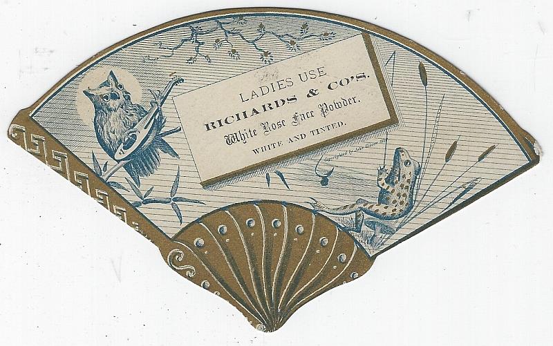 Advertisement - Victorian Die Cut Fan Trade Card for Richards & Co's White Rose Face Powder
