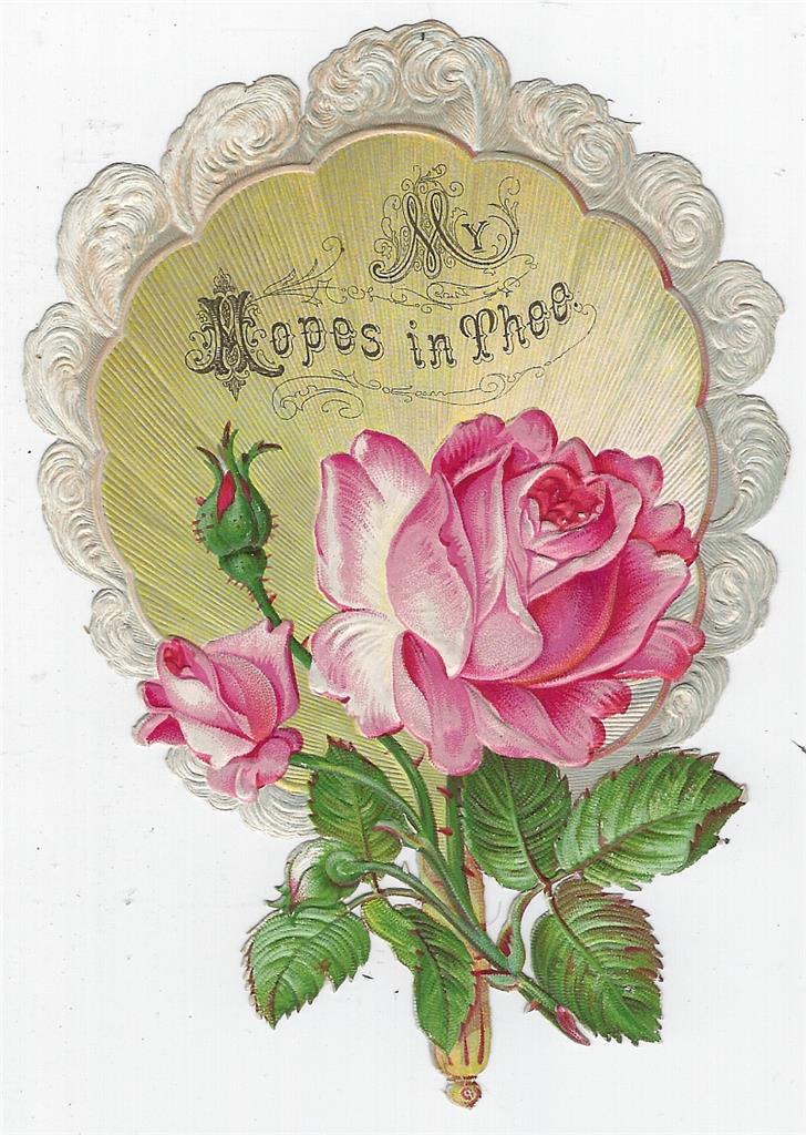Image for VICTORIAN DIE CUT FAN CARD WITH PINK ROSES MY HOPES IN THEE