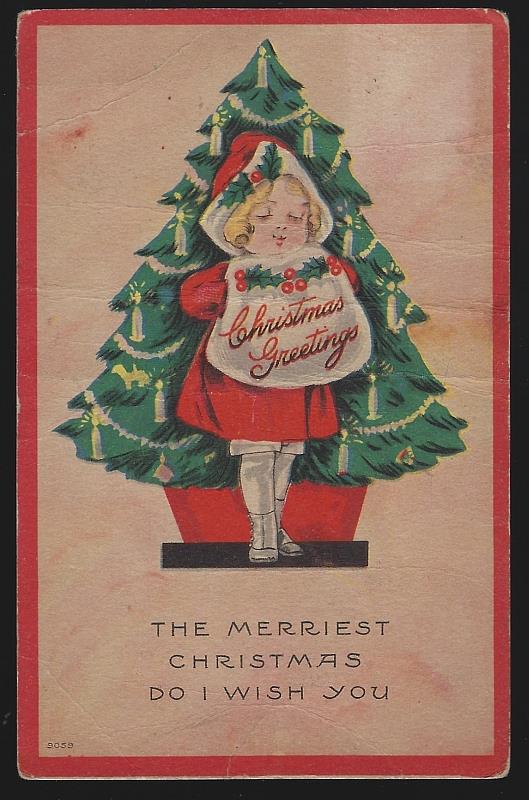 Postcard - Christmas Greetings Postcard with Little Girl and Christmas Tree