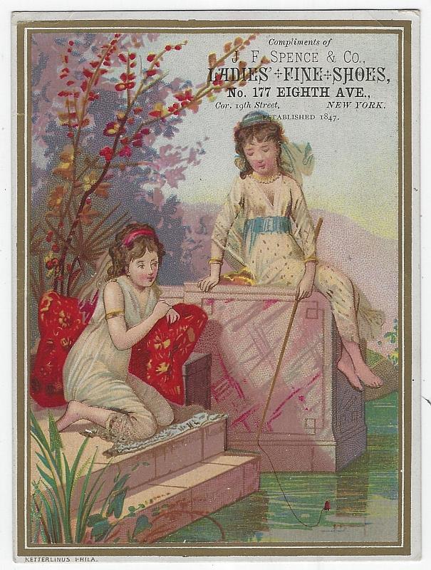 Advertisement - Victorian Trade Card for J.F. Spence Ladies Fine Shoes with Lovely Ladies Fishing