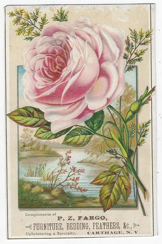 Advertisement - Victorian Trade Card for P.Z. Fargo, Furniture, Carthage, New York with Pink Rose