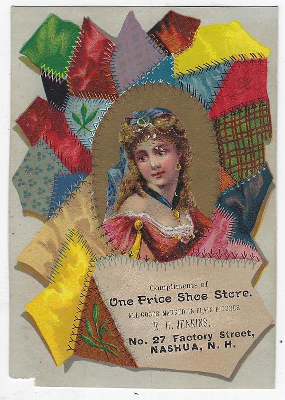 Advertisement - Victorian Trade Card for Jenkins' Boots and Shoes with Lovely Lady and Patchwork Quilt