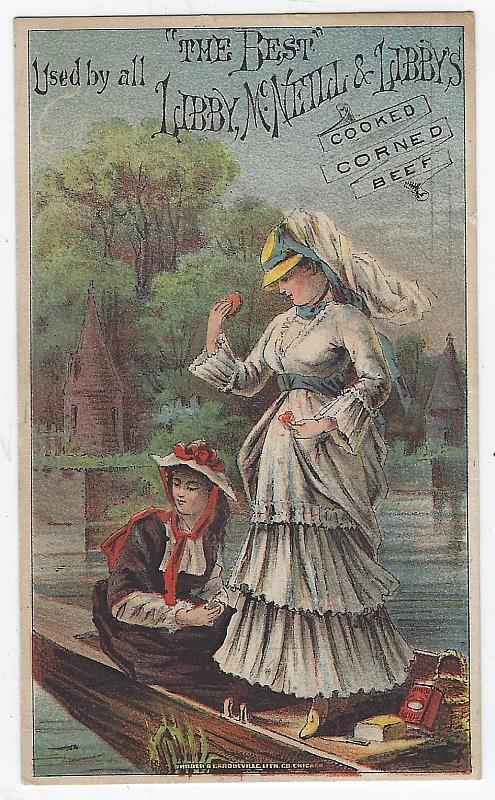 Advertisement - Victorian Trade Card for Libby's Cooked Corned Beef with Two Ladies in a Boat