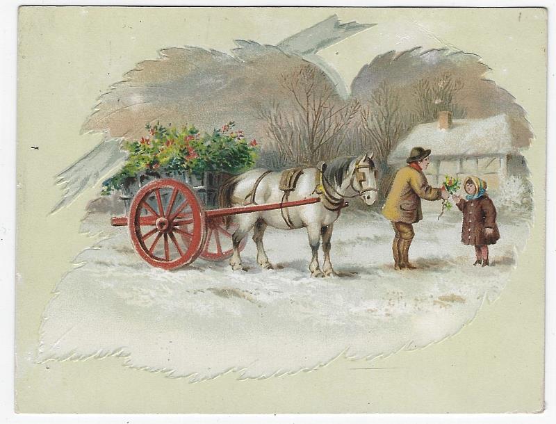 Advertisement - Victorian Card with Horse Drawn Cart Filled with Holly