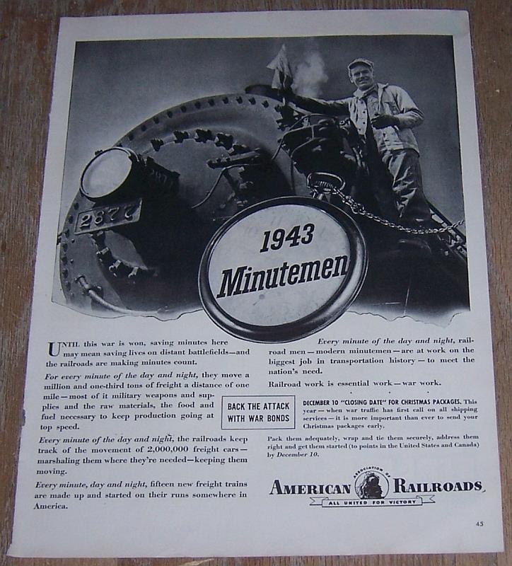 Image for 1943 AMERICAN RAILROADS WORLD WAR II LIFE MAGAZINE ADVERTISEMENT
