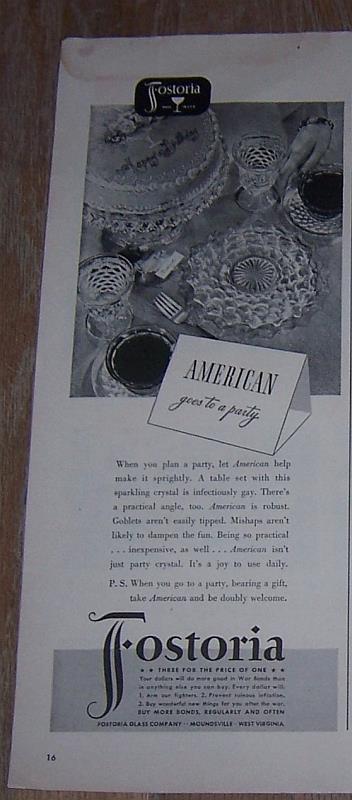 Image for 1943 AMERICAN FOSTORIA GLASS LIFE MAGAZINE ADVERTISEMENT