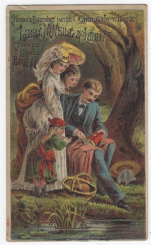 Advertisement - Victorian Trade Card for Libby's Cooked Corned Beef with Family Picnic