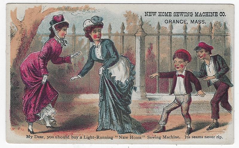 Advertisement - Victorian Trade Card for New Home Sewing Machine with Lady with a Ripped Seam