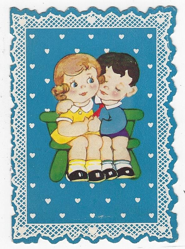 Valentine - Vintage Valentine Card with Boy and Girl Sitting on Bench