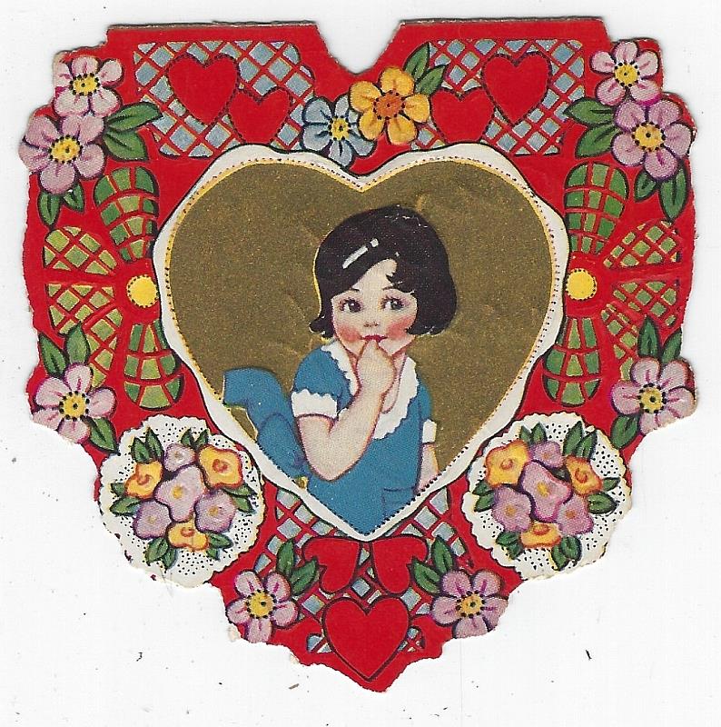 Valentine - Vintage Heart Shaped Valentine Card with Little Girl in Blue Dress