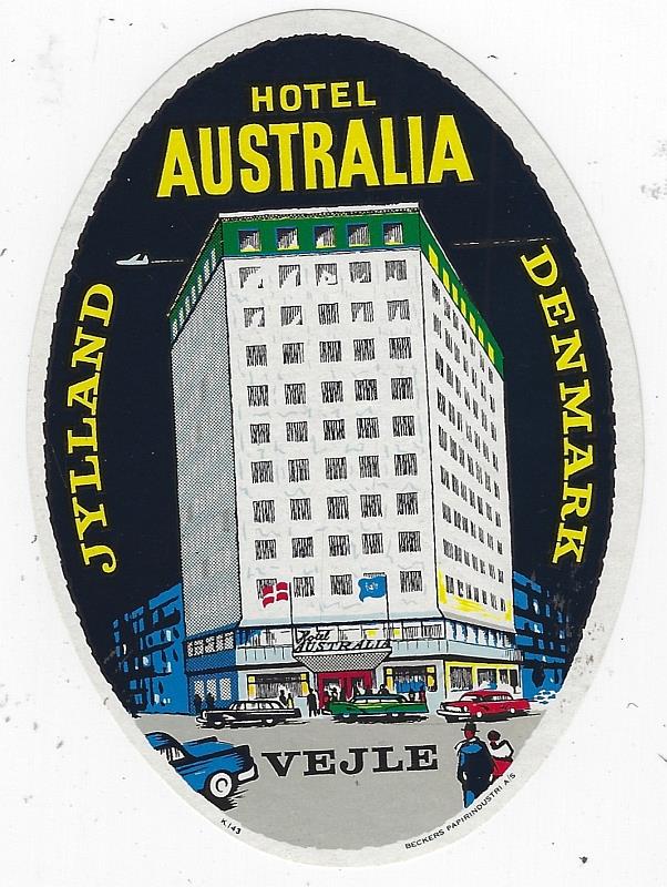 Advertisement - Vintage Luggage Label for Hotel Australia, Vejle, Jylland, Denmark
