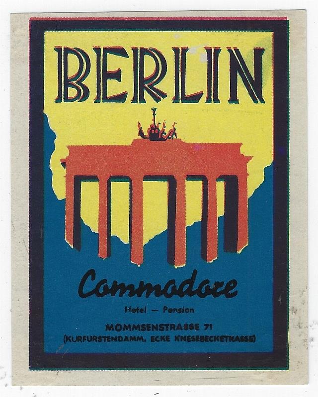Image for VINTAGE LUGGAGE LABEL FOR COMMODORE, HOTEL PENSION, BERLIN, GERMANY