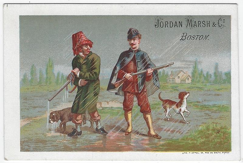 Advertisement - Victorian Trade Card for Jordan Marsh with Two Men with Dogs Hunting