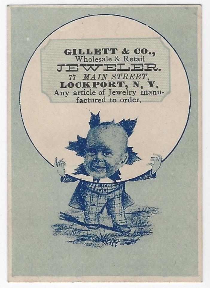 Advertisement - Victorian Trade Card for Gillett Jeweler, Lockport, New York with Funny Baby