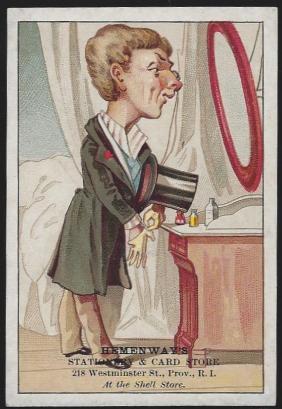 Advertisement - Victorian Trade Card for Hemingway's Stationary and Card Store with Dapper Man