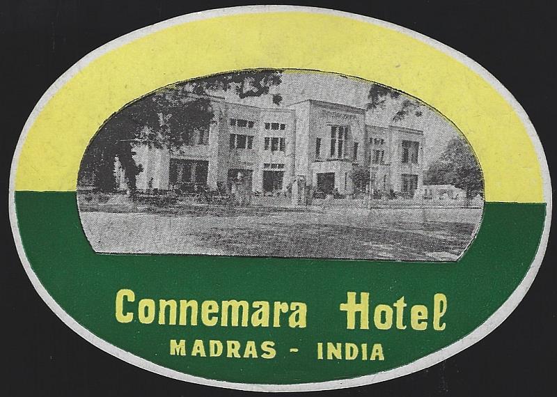 Image for VINTAGE LUGGAGE LABEL FOR CONNEMARA HOTEL, MADRAS, INDIA