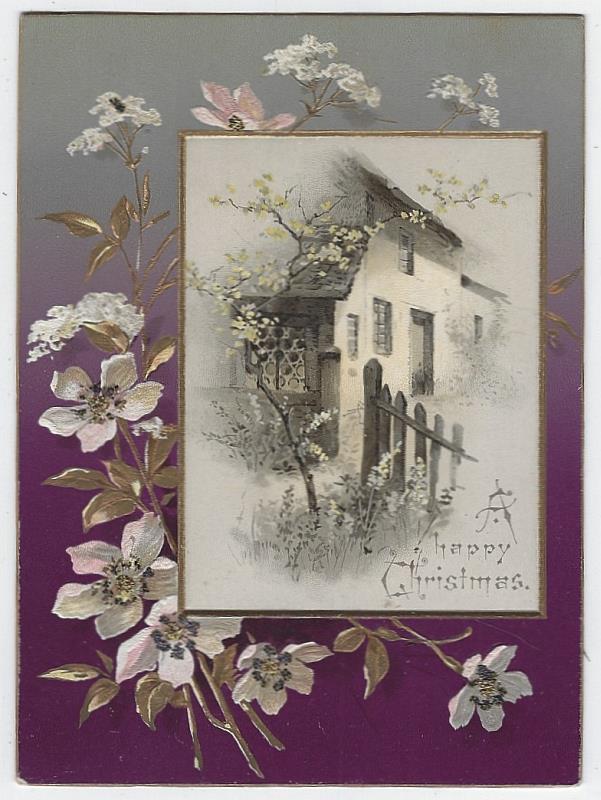 Christmas - Happy Christmas Card with House and Flowers