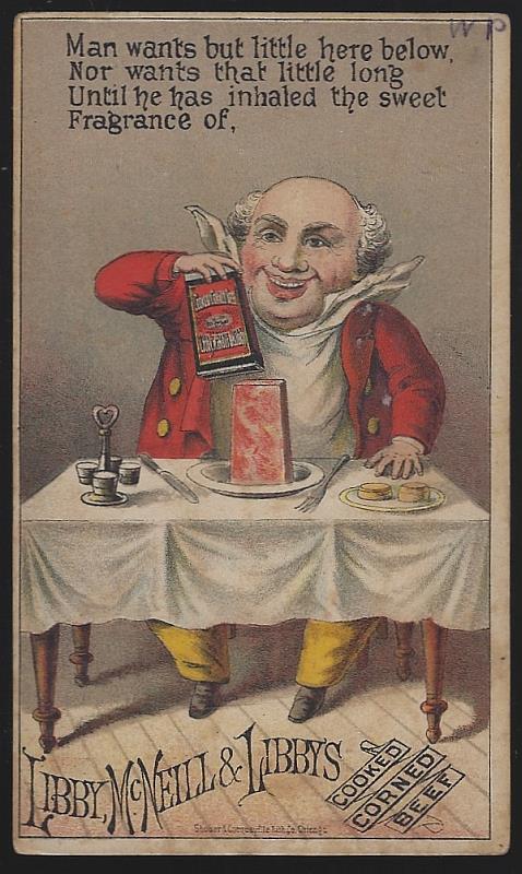 Advertisement - Victorian Trade Card for Libby's Cooked Corned Beef with Man Enjoying a Meal