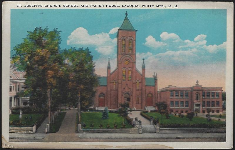 Postcard - St. Joseph's Church, School and Parish House, Laconia, White Mountains, New Hampshire