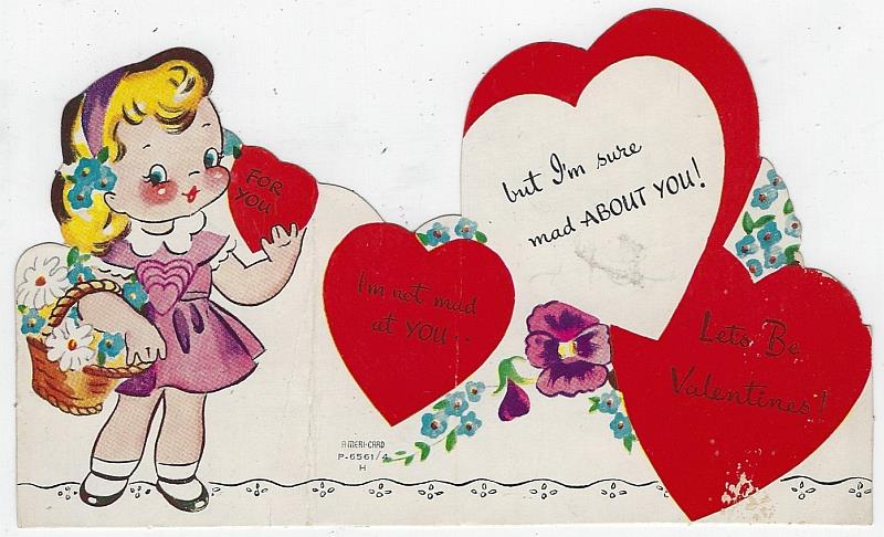 Valentine - Vintage Valentine Card with Lovely Girl with Flowers and Hearts
