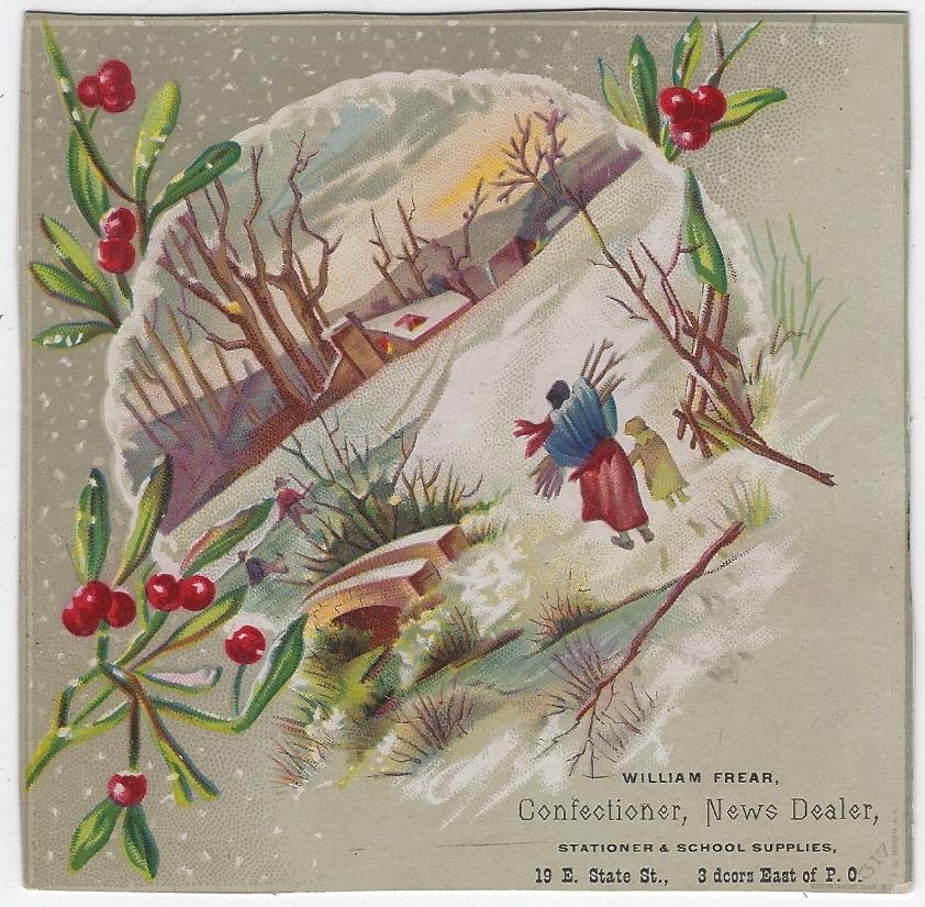Advertisement - Victorian Trade Card for William Frear, Confectioner, News Dealer with Snowy Landscape
