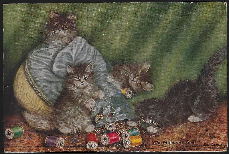 Postcard - Kittens Playing in Sewing Basket with Thread, on Mischief Bent
