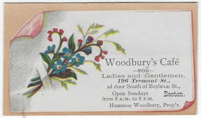 Advertisement - Victorian Trade Card for Woodbury's Cafe with Flowers