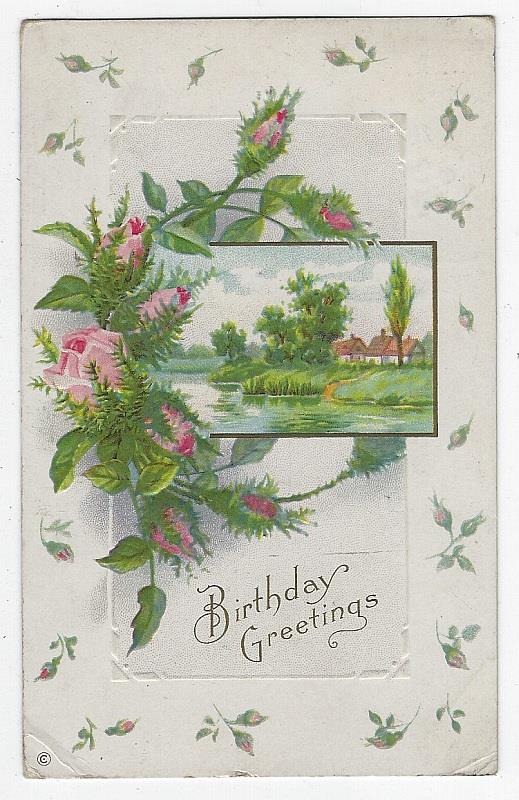 Postcard - Birthday Greetings Postcard with Landscape and Pink Roses