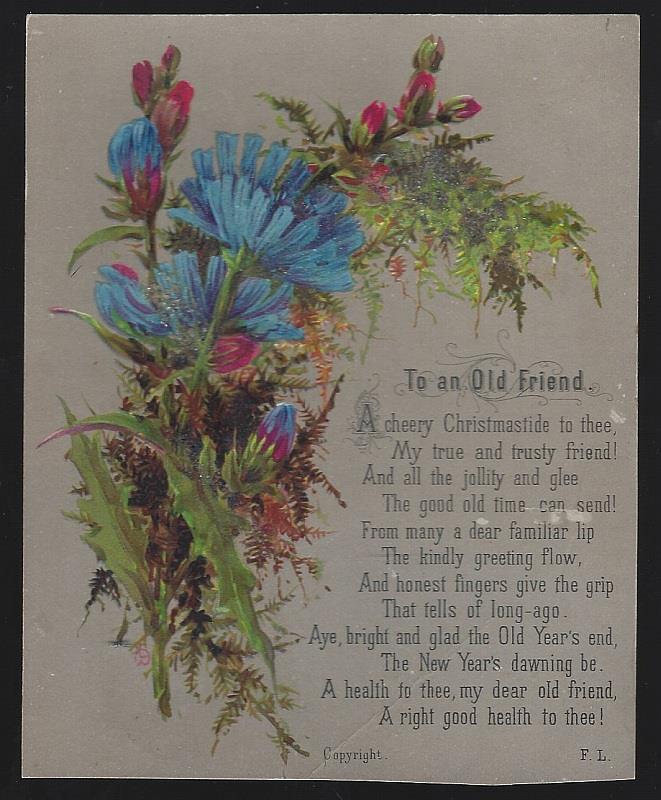 Christmas - Christmas Card, to an Old Friend Poem with Blue Flowers and Glitter
