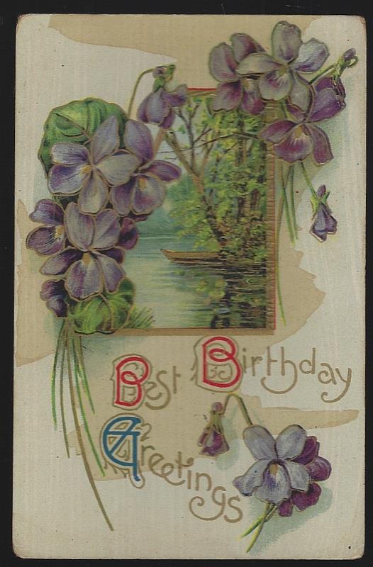 Postcard - Best Birthday Greetings Postcard with Violets and Landscape