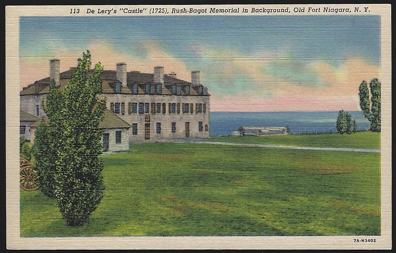 Postcard - De Lery's Castle, Rush Bagat Memorial in Background, Old Fort Niagara , New York