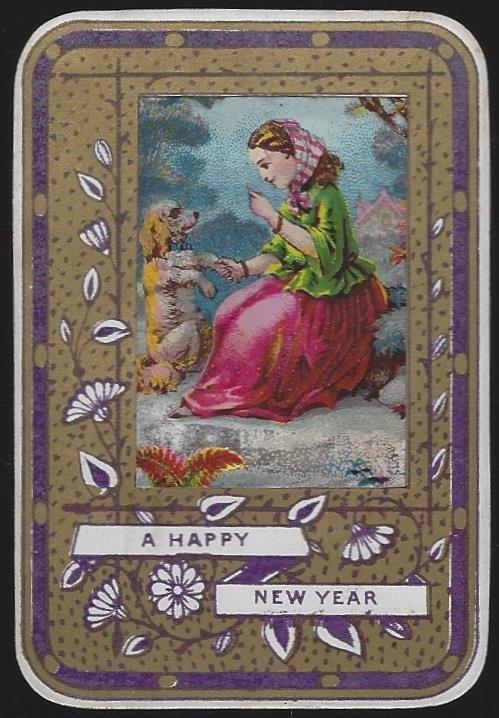 Holiday - Victorian Happy New Year Card with Young Girl and Her Dog